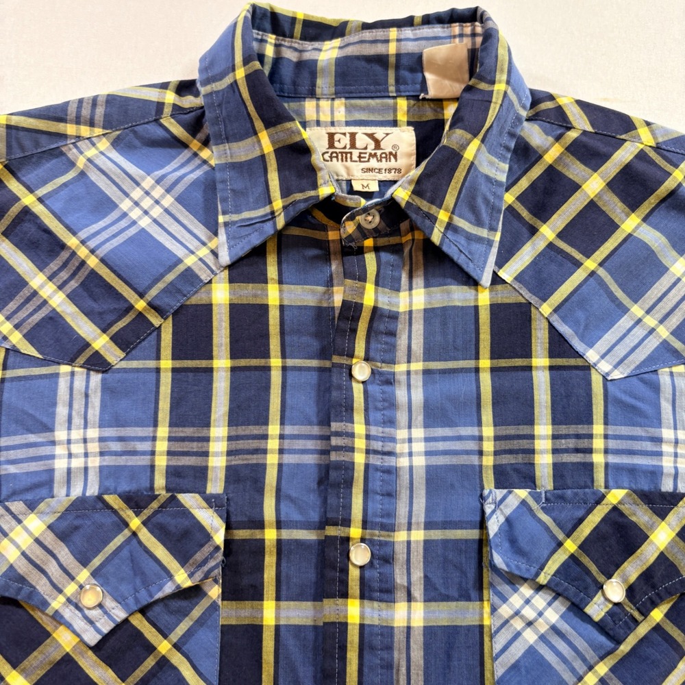 Ely Cattleman Western Shirt Mens Medium Blue Yellow Plaid Pearl Snap Cowboy L/S